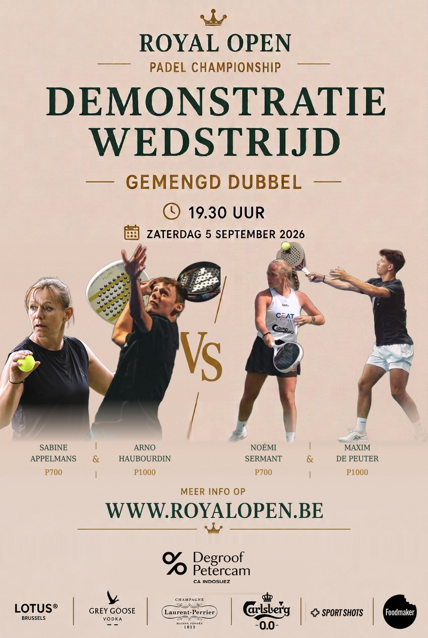 Affiche demonstratiewedstrijd gemengd dubbel op 5 september 2026 met Sabine Appelmans, Arno Haubourdin, Noémi Sermant en Maxim De Peuter
